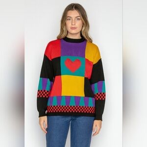 Vintage 'Private Eyes' Women's Sweater Unique Vibrant Colorful Heart Art to Wear